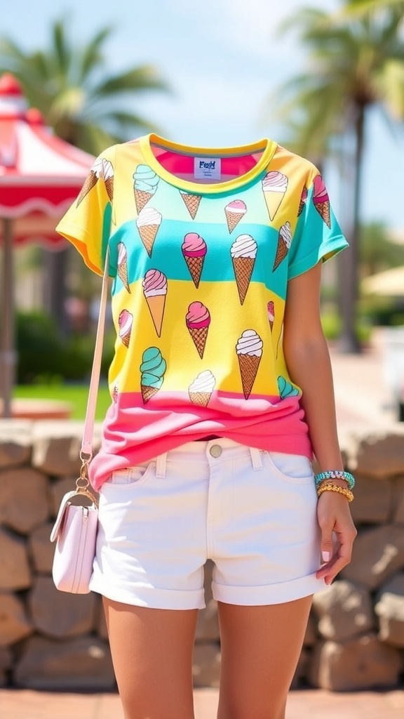 Ice cream-themed outfit with colorful t-shirt, pastel shorts, and matching accessories in a sunny outdoor setting.